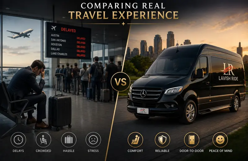 Split-screen comparison showing stressful airport delays versus luxury Mercedes Sprinter van transportation with Lavish Ride branding, highlighting comfort, reliability, door-to-door service, and a better real travel experience.